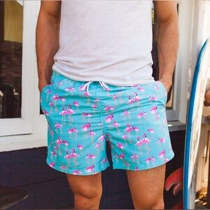 Cabana Bro 5” Flamingo Swim Trunks Mens Small Aqua Pink Beach Shorts